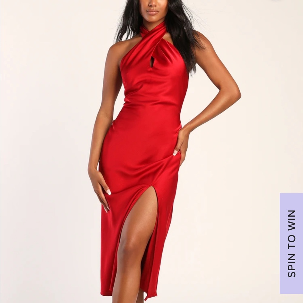 Beyond Classy Wine Red Satin Halter Midi Dress